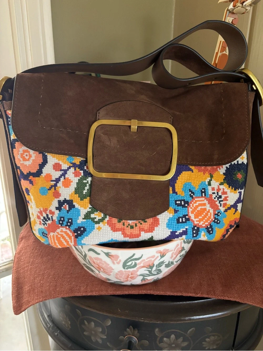 Tory Burch Sawyer Needlepoint Suede Shoulder Bag